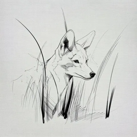 Jackal ready to pounce hidden behind some grass, minimalistic hand-drawn sketch