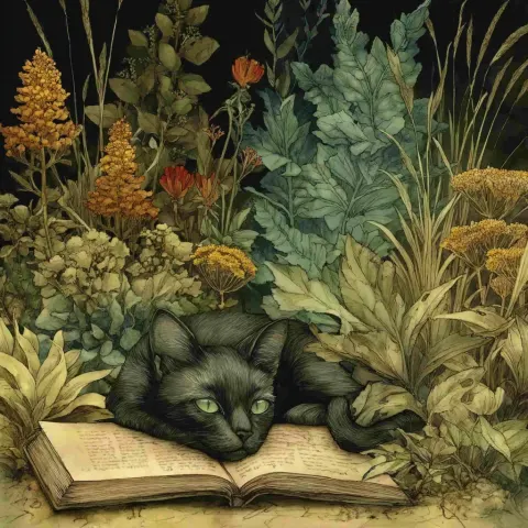 Oil painting style. A black cat with green eyes lies on an open book