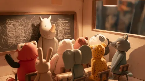 Handcrafted clay stop-motion miniature scene, small animal park classroom interior. Upright rhinocer