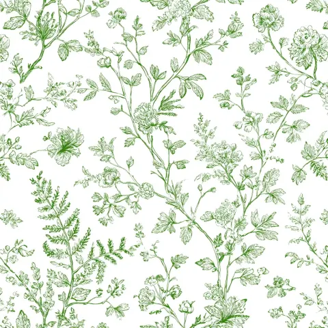 Design an elegant and detailed pattern featuring delicate green line art foliage, flowers, ferns