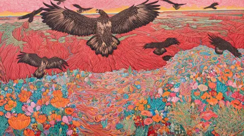 Vibrant colors burst forth from a whimsical depiction of a canyon landscape teeming with stylized ea