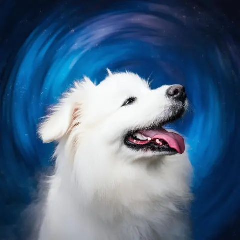 Joyful White Dog in Impressionist Blue Swirls