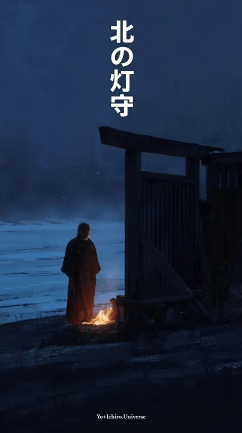 A severe northern ritual scene at the edge of a frozen river in pre-dawn darkness