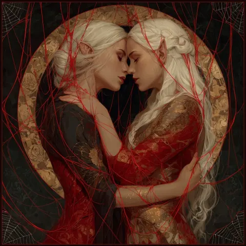A realistic image of a female and lady elf hugging each other close. They have red string around the