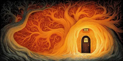 Outside a hollow of a tree stands a small closed wooden door. Warm golden light