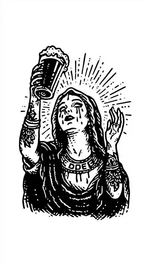 Outlines vector style crying madonna holding a glas of beer above her head with both hands