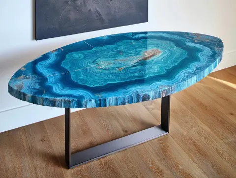 Blue onyx console. 6 cm thick onyx. pointy oval shape. chamfered from top and bottom. metal legs. ul