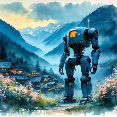 Watercolor Pacific Rim Robot Among Flowery Mountains