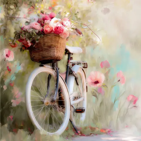 A vintage bicycle with white wheels and a black frame, carrying flowers in its basket