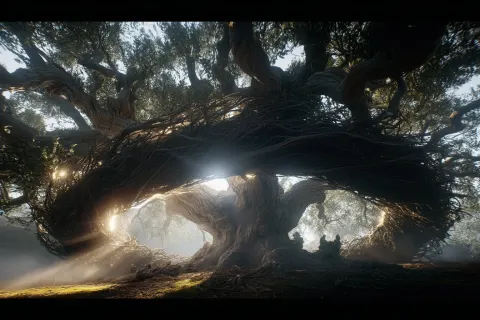 A photorealistic, cinematic image of a majestic, ancient tree whose branches and roots bend symmetri