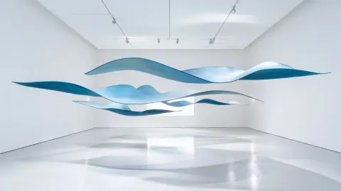 Wide cinematic architectural photograph in a pure white cube gallery