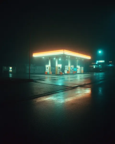 Empty gas station at night, wet asphalt reflecting neon lights, cinematic lighting