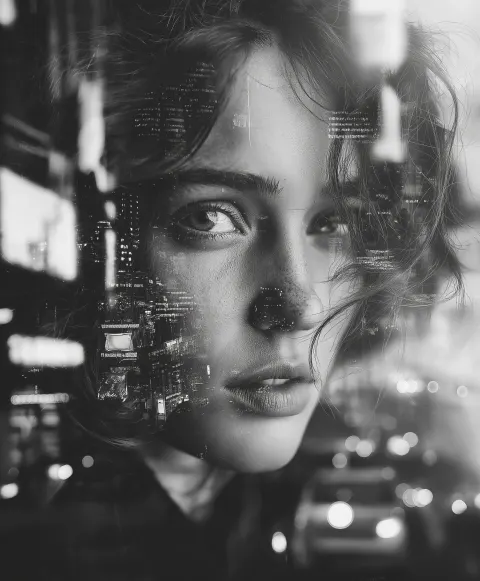 Black and white Double exposure portrait of a stunning woman with tousled hair and an intense