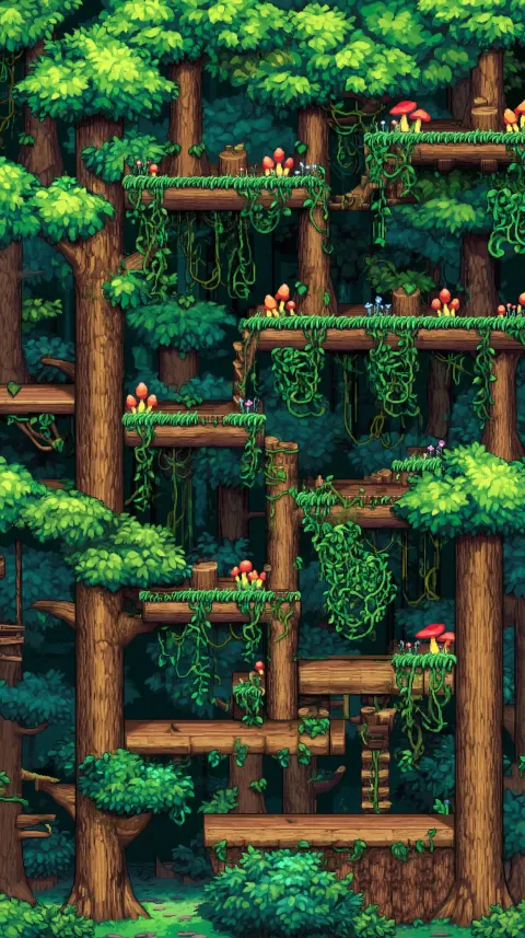Retro pixel art forest platform game level, trees, wooden platforms, vines, mushrooms