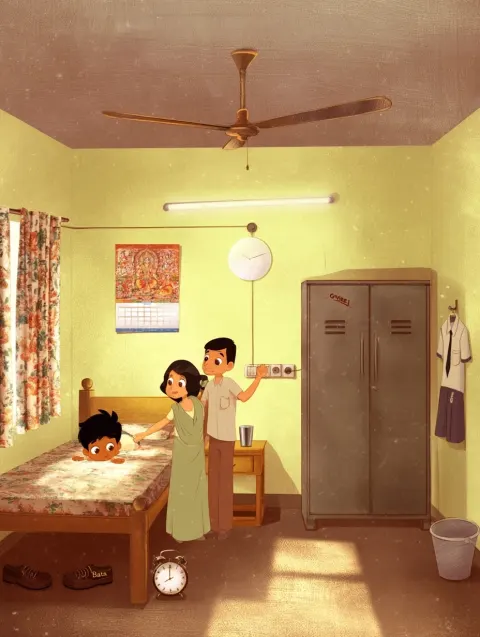 1990s Indian middle-class bedroom in Indian 2D animation style. Pale yellow walls
