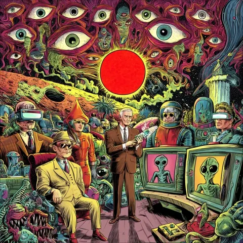 Retro-futuristic psychedelic sci-fi comic illustration. Bizarre characters in retro suits