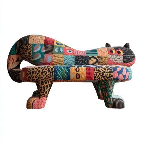 Bold mod ethnic flat wood leopard shaped strange furniture wearing strange bold graphic quilted vint