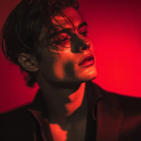 A cold and seductive young man under red neon light, half-lidded eyes, expressionless face