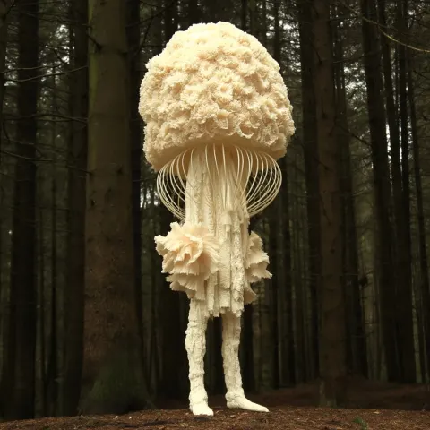 The figure stands in the forest like a pale biological idol