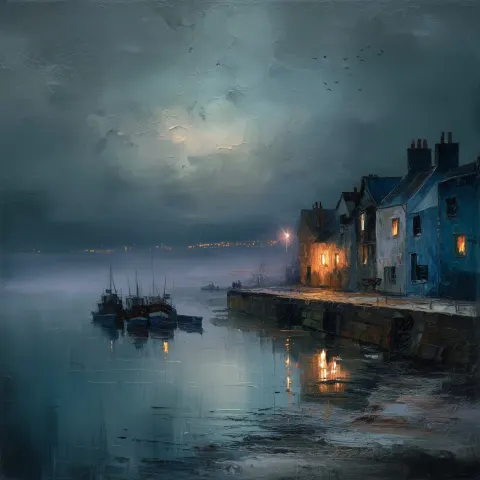 A highly stylized oil painting of a small Scottish fishing village at dawn