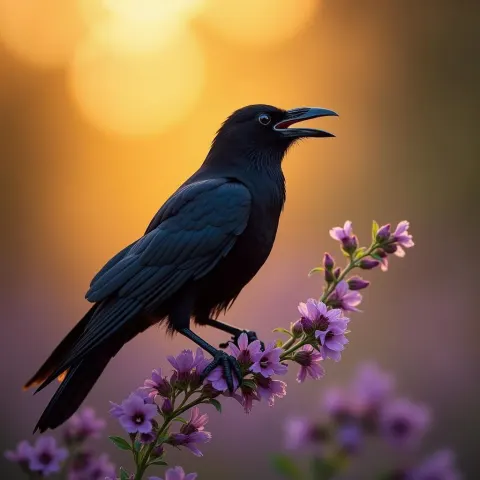 Black Raven Singing on a Purple Flower