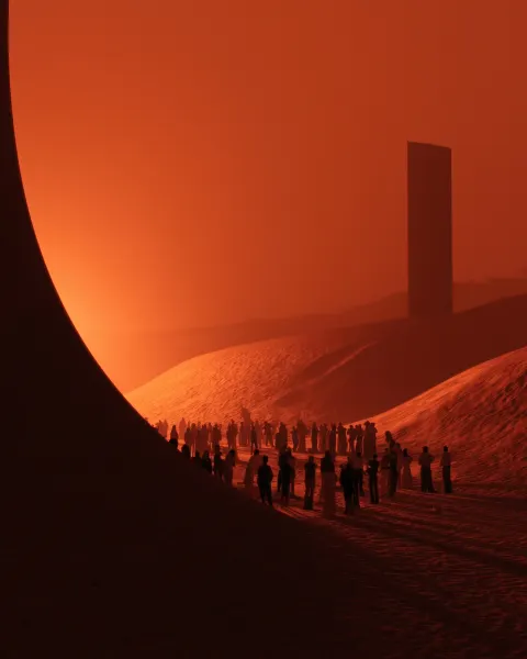 Monumental desert landscape for a night rave poster, Arrakis-inspired