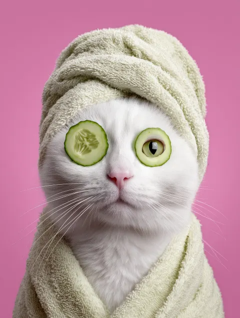 A white cat with a cucumber on its eyes, a towel wrapped around its head