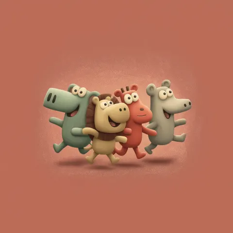 Minimalist music track cover, pastel background, happy realistic animals running