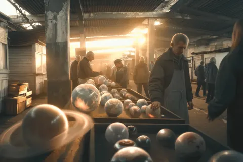 A hyperrealistic wide-angle market scene photographed in natural daylight