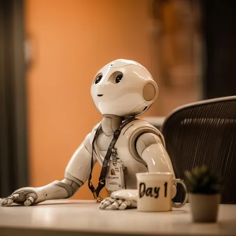 Corporate employee headshot photo of a friendly robot sitting at an office desk on their first day a
