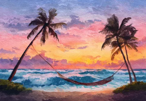 A watercolor painting depicting a hammock suspended between two palm trees on a beach