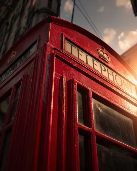 Low angle photography of a red london telephone box from the 1960s, cinemtaic photography
