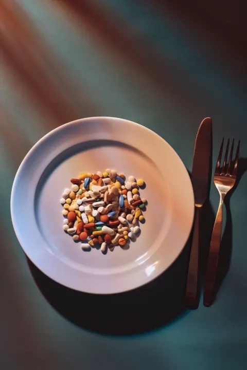 A pile of pills on a plate, cutlery next to the plate