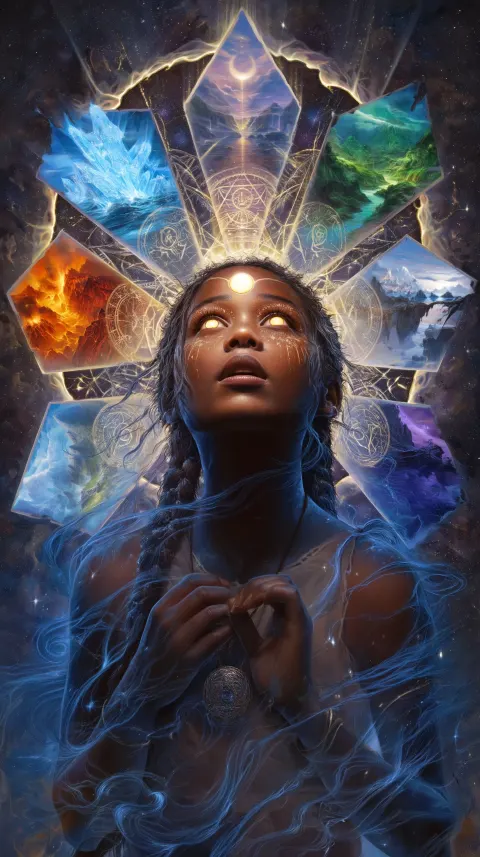 A cinematic painted poster of a young seer with glowing eyes and braided hair