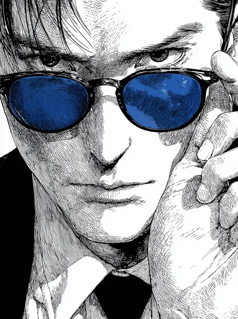 A handsome man in a black and white suit, wearing blue sunglasses with dark lenses on his eyes