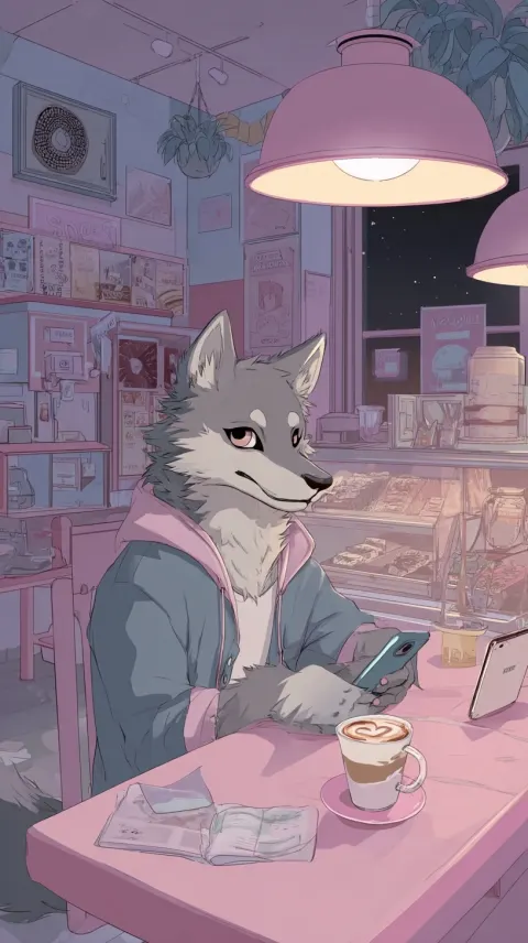 A wolf is going live on social media, happy, cafe shop, 90s anime aesthetic, night