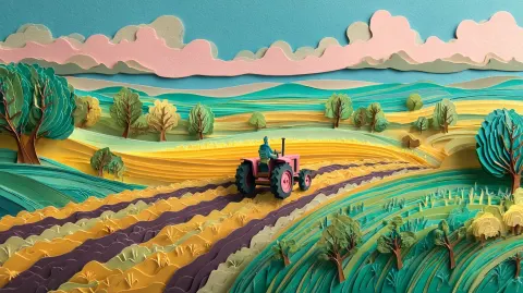 Paper Cut Illustration,modest farmland, tractor plowing the land