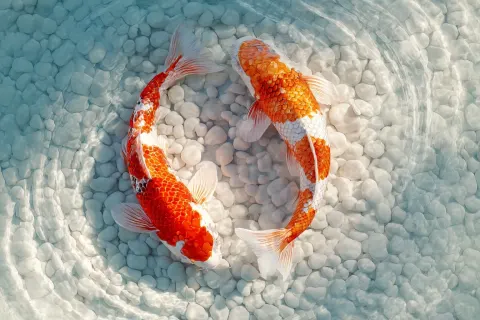 Two majestic koi fish, swimming together in a perfect circle forming a dynamic Yin Yang symbol. They