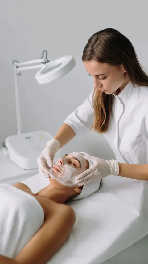 Woman receiving facial treatment, modern cosmetic clinic, minimal aesthetic interior
