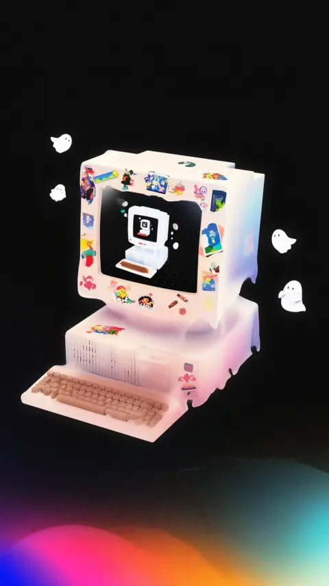 A close-up of a retro computer screen from a completely frontal perspective. There is a keyboard und