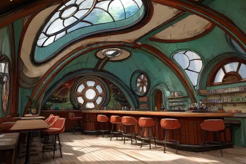 Pelagic steampunk café , featuring clever refreshment technology