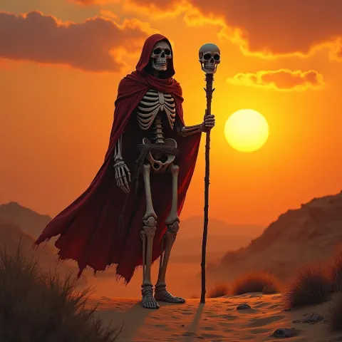 Hooded Skeleton Beckons on Sunset Desert Path