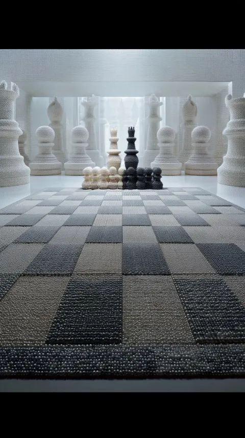 Grand surreal pearl chess universe with a giant chessboard made of tiny pearls