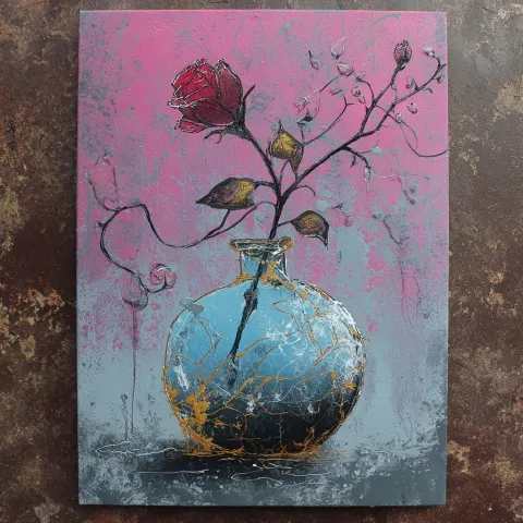 Frozen rose in gothic vase, fantasy acrylic painting, style pop-art.