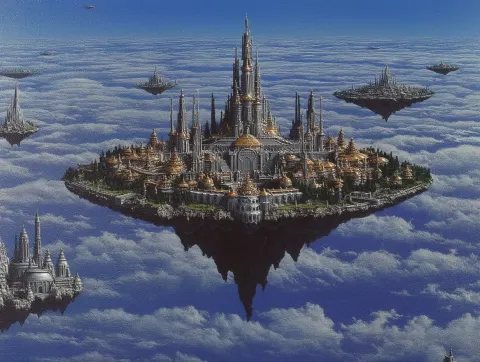 An oriental town with a central palace, golden rooftops and magic towers. The town is located on an