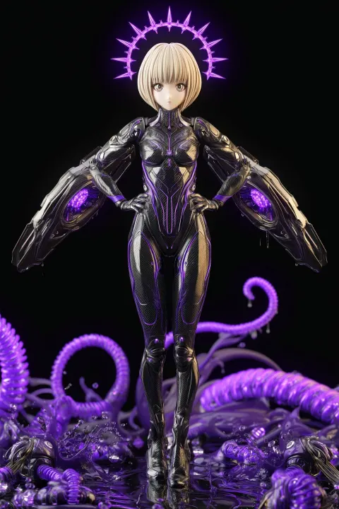 Highly detailed 3D cyberpunk anime figure, beautiful young woman with short blonde bob haircut and b