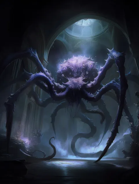 A colossal fantasy creature, a fusion between a giant spider and a massive octopus eight towering le