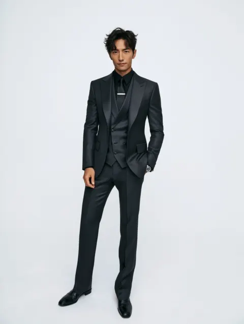 Asian Drama Leading Man in a Charcoal Three-Piece Suit