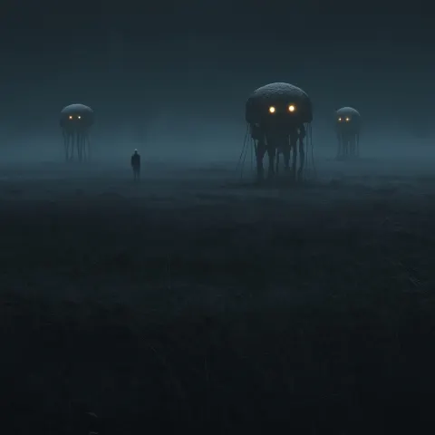 Minimalist surreal horror art of jellyfish-like monsters with glowing eyes standing in a foggy