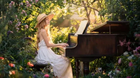 A photo of a beautiful girl playing the piano in an outdoor garden. Plants and flowers surround her
